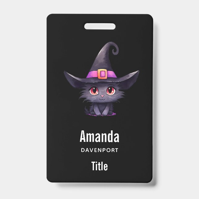 Cute Black Cat Wearing a Witch's Hat ID Badge (Front)