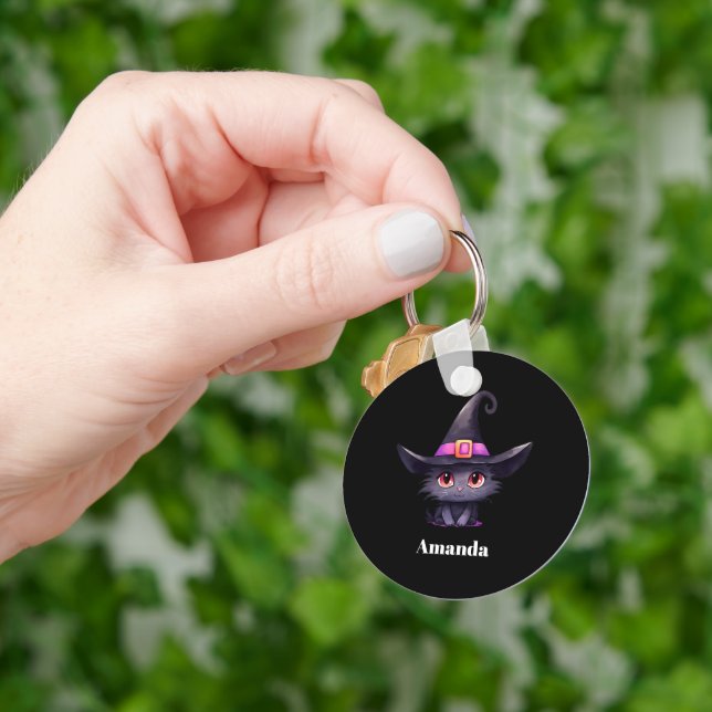 Cute Black Cat Wearing a Witch's Hat Key Ring (Hand)