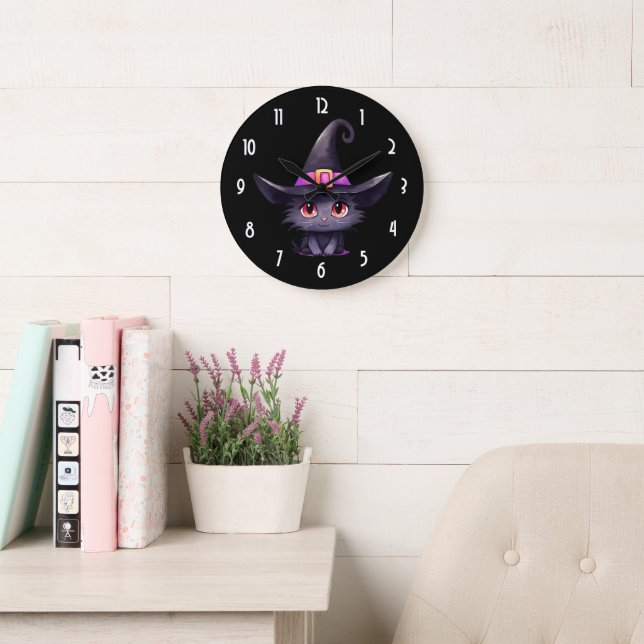 Cute Black Cat Wearing a Witch's Hat Large Clock (Reading Room)