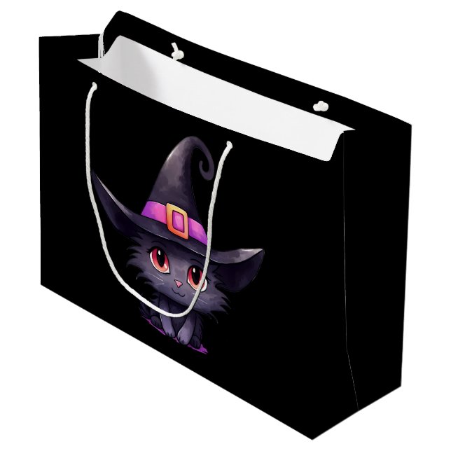 Cute Black Cat Wearing a Witch's Hat Large Gift Bag (Front Angled)