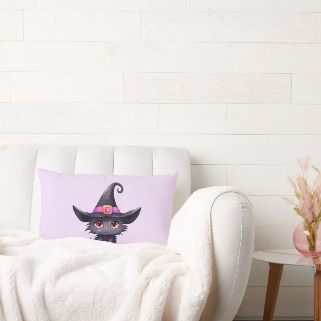 Cute Black Cat Wearing a Witch's Hat Lumbar Cushion (Couch)