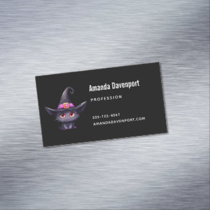 Cute Black Cat Wearing a Witch's Hat Magnetic Business Card