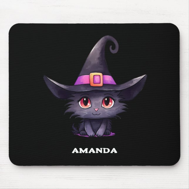  Cute Black Cat Wearing a Witch's Hat Mouse Mat (Front)