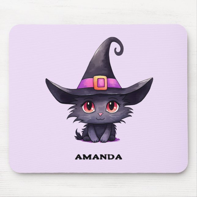  Cute Black Cat Wearing a Witch's Hat Mouse Mat (Front)