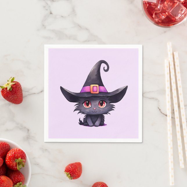 Cute Black Cat Wearing a Witch's Hat Napkin (Insitu)