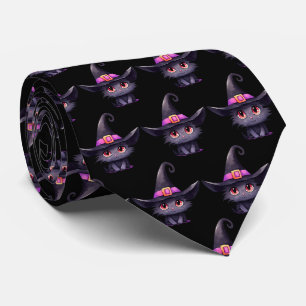 Cute Black Cat Wearing a Witch's Hat Pattern Tie