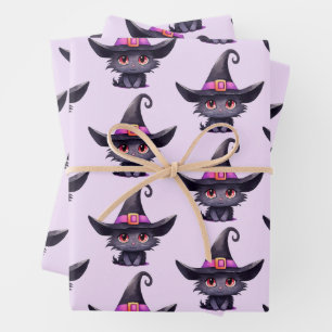 Cute Black Cat Wearing a Witch's Hat Pattern Wrapping Paper Sheet