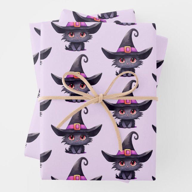 Cute Black Cat Wearing a Witch's Hat Pattern Wrapping Paper Sheet (In situ)