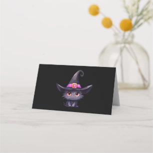 Cute Black Cat Wearing a Witch's Hat Place Card