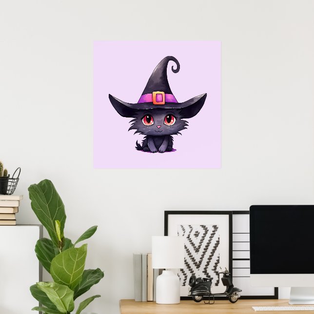 Cute Black Cat Wearing a Witch's Hat Poster (Home Office)
