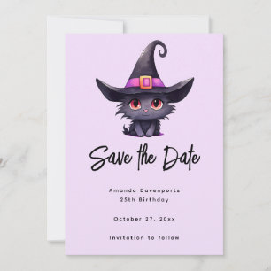 Cute Black Cat Wearing a Witch's Hat Save The Date