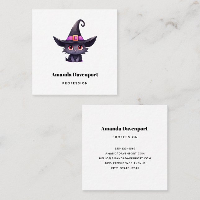 Cute Black Cat Wearing a Witch's Hat Square Business Card (Front/Back)
