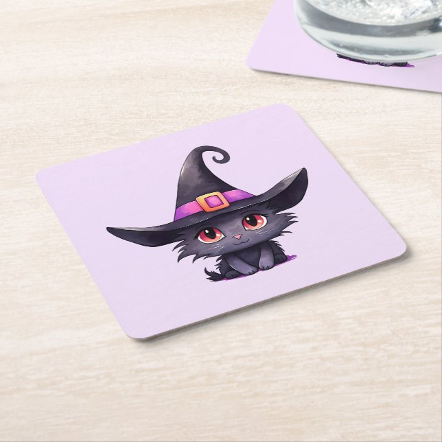 Cute Black Cat Wearing a Witch's Hat Square Paper Coaster (Angled)