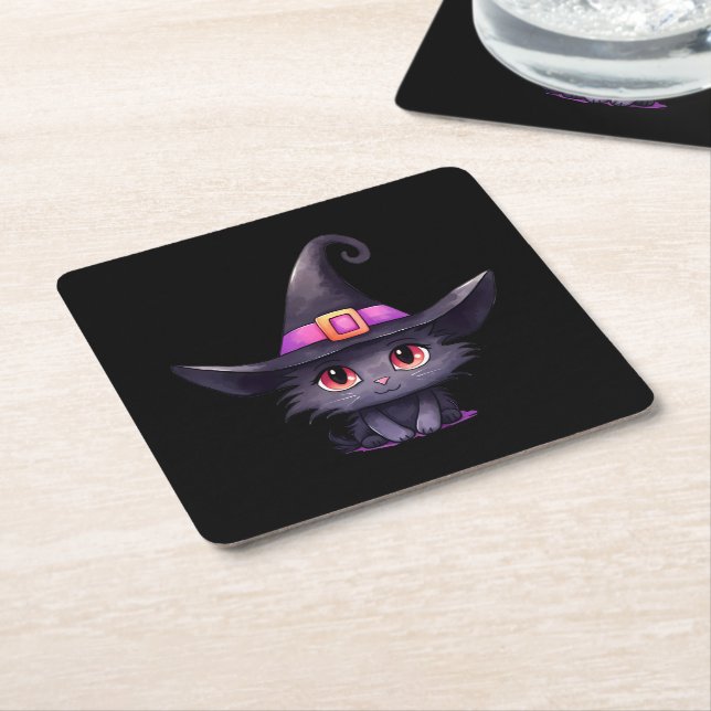 Cute Black Cat Wearing a Witch's Hat Square Paper Coaster (Angled)