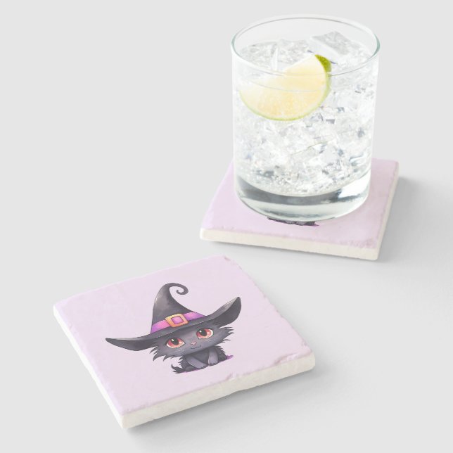 Cute Black Cat Wearing a Witch's Hat Stone Coaster (Side)