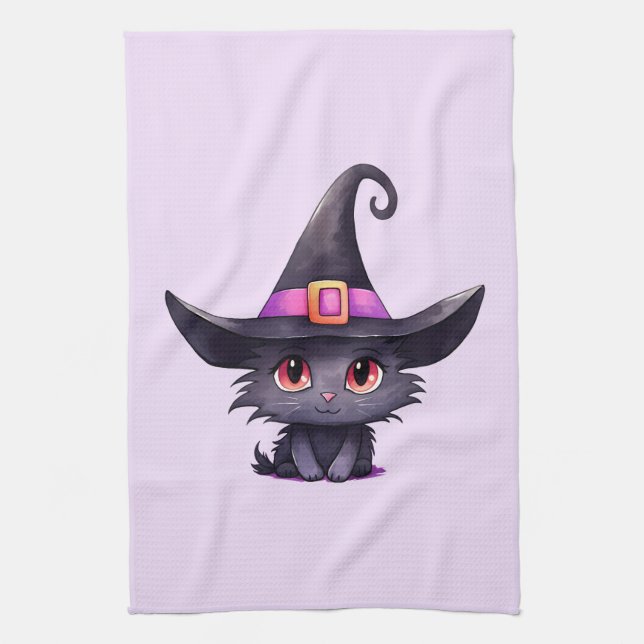 Cute Black Cat Wearing a Witch's Hat Tea Towel (Vertical)
