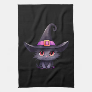 Cute Black Cat Wearing a Witch's Hat Tea Towel