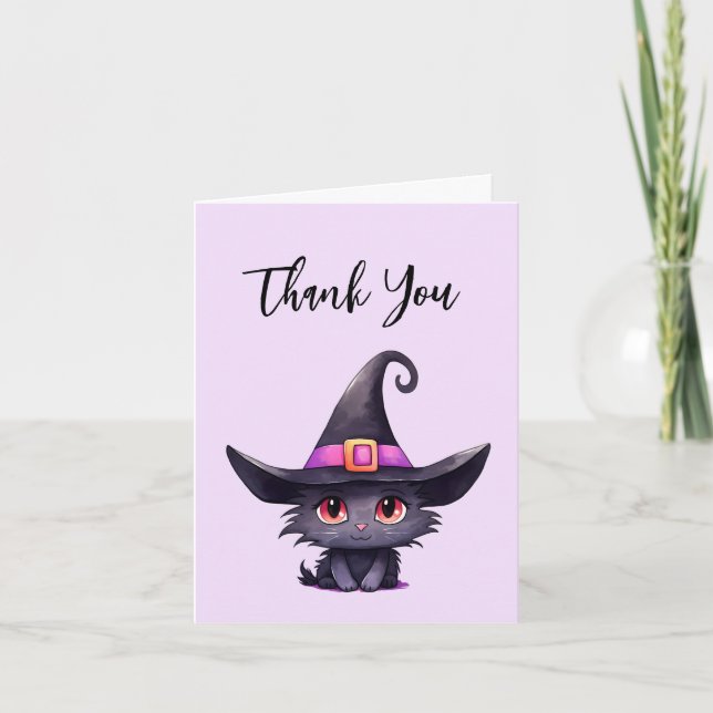 Cute Black Cat Wearing a Witch's Hat Thank You Card (Front)