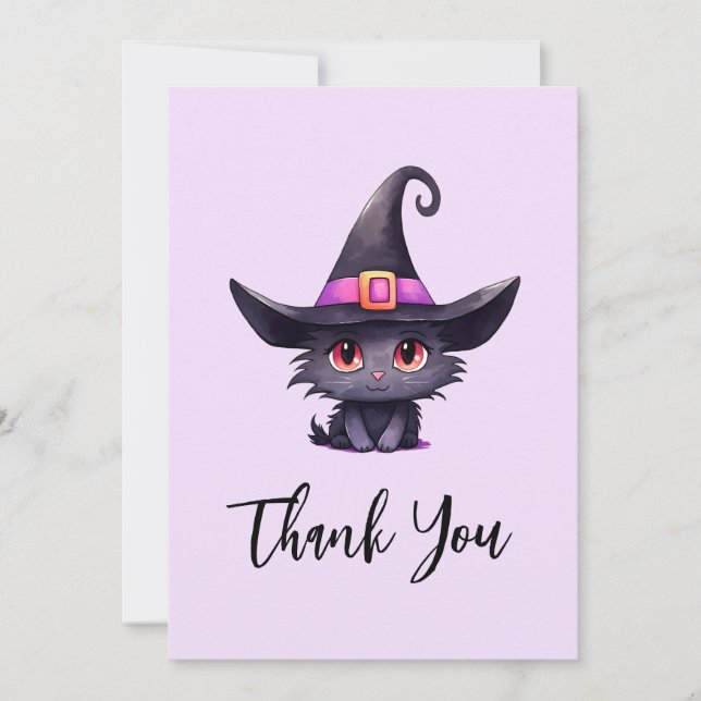 Cute Black Cat Wearing a Witch's Hat Thank You Card (Front)