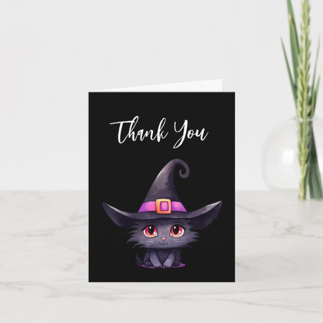 Cute Black Cat Wearing a Witch's Hat Thank You Card (Front)