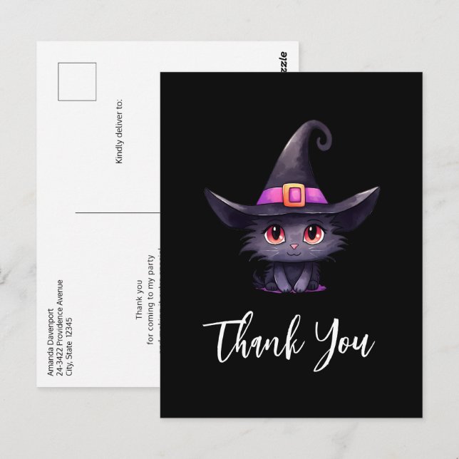 Cute Black Cat Wearing a Witch's Hat Thank You Postcard (Front/Back)