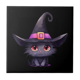 Cute Black Cat Wearing a Witch's Hat Tile