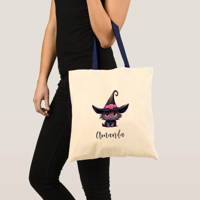Cute Black Cat Wearing a Witch's Hat Tote Bag (Front (Product))