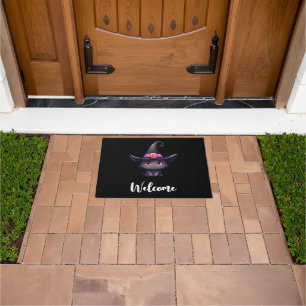 Cute Black Cat Wearing a Witch's Hat Welcome Doormat