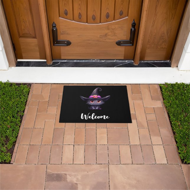 Cute Black Cat Wearing a Witch's Hat Welcome Doormat (Outdoor)