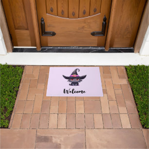 Cute Black Cat Wearing a Witch's Hat Welcome Doormat