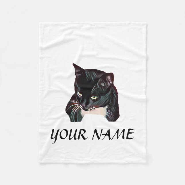 Cute Black Cat White Personalised Fleece Blanket (Front)