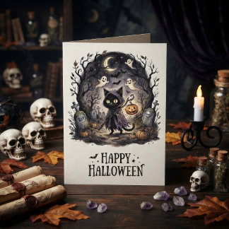 Cute Black Cat Witch Halloween Card