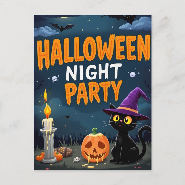 Cute Black Cat Witch Halloween Night Party Postcard (Front)