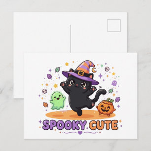 Cute Black Cat Witch Halloween Postcard