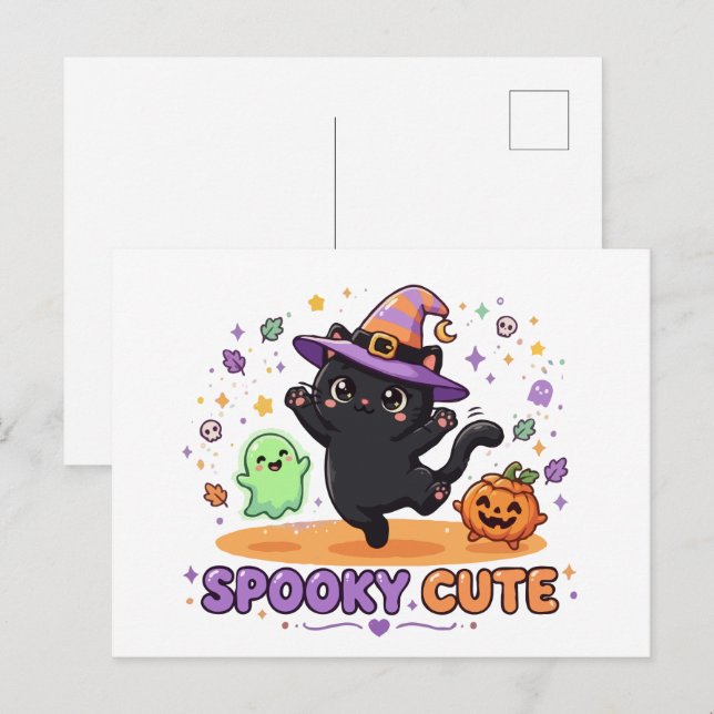 Cute Black Cat Witch Halloween Postcard (Front/Back)