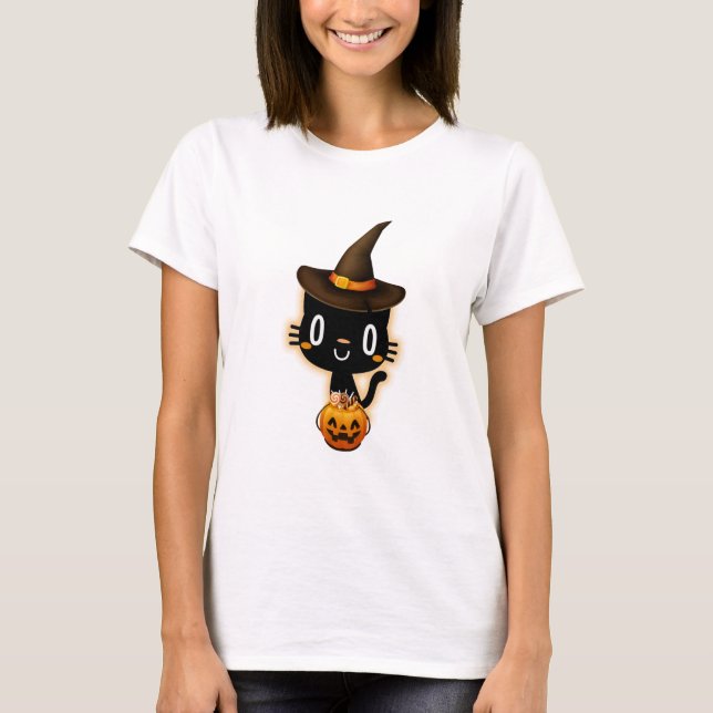 Cute Black Cat Witch Halloween T-Shirt (Front)