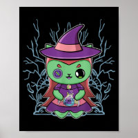 Cute Black Cat Witch Hat And Magic Potion For