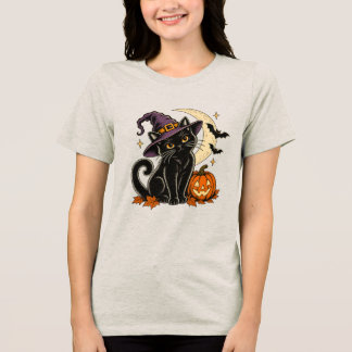 Cute Black Cat Witch Hat Halloween Womens Tee