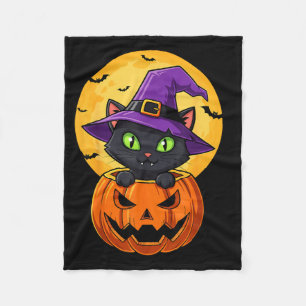 Cute Black Cat Witch Hat In Pumpkin Women Men Kids Fleece Blanket