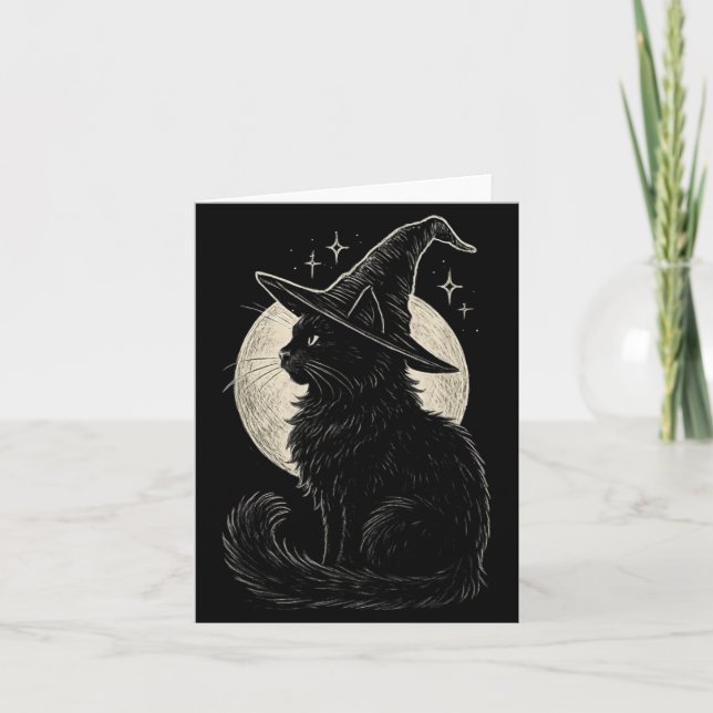Cute Black Cat Witch Hat Moon Retro Coquette Boho Card (Front)