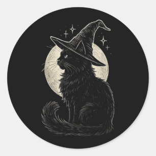 Cute Black Cat Witch Hat Moon Retro Coquette Boho Classic Round Sticker