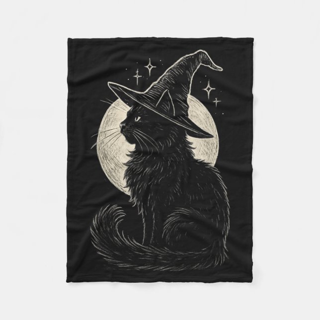 Cute Black Cat Witch Hat Moon Retro Coquette Boho Fleece Blanket (Front)