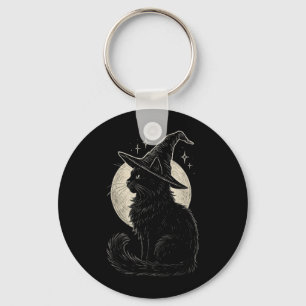 Cute Black Cat Witch Hat Moon Retro Coquette Boho Key Ring