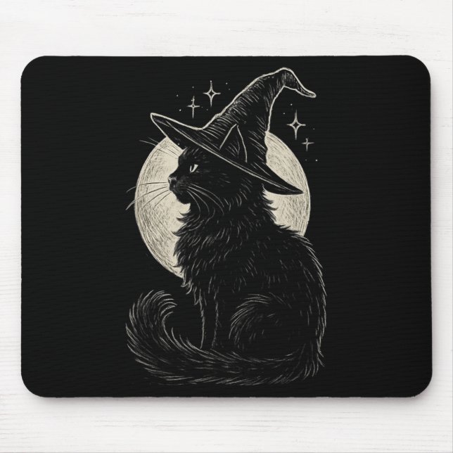 Cute Black Cat Witch Hat Moon Retro Coquette Boho  Mouse Mat (Front)
