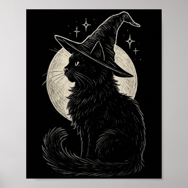 Cute Black Cat Witch Hat Moon Retro Coquette Boho  Poster (Front)