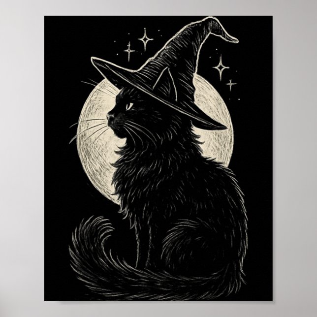 Cute Black Cat Witch Hat Moon Retro Coquette Boho Poster (Front)