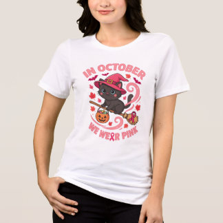 Cute Black Cat Witch In October We Wear Pink Tri-Blend Shirt