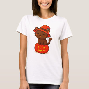 Cute Black Cat Witch on Pumpkin Halloween T-Shirt