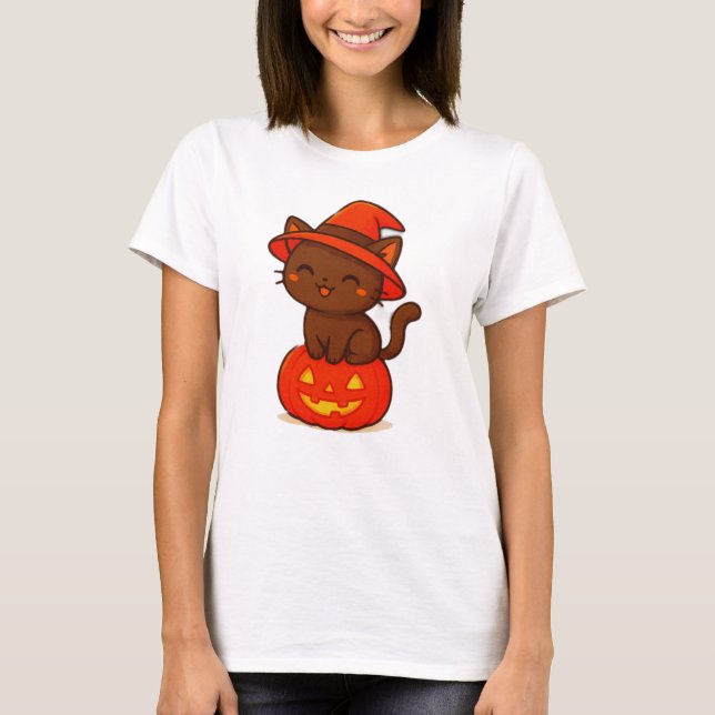 Cute Black Cat Witch on Pumpkin Halloween T-Shirt (Front)