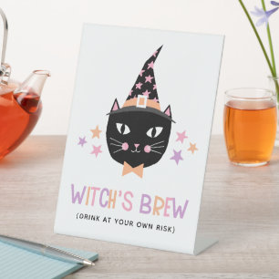 Cute Black Cat Witch Pastel Witch's Brew Halloween Pedestal Sign
